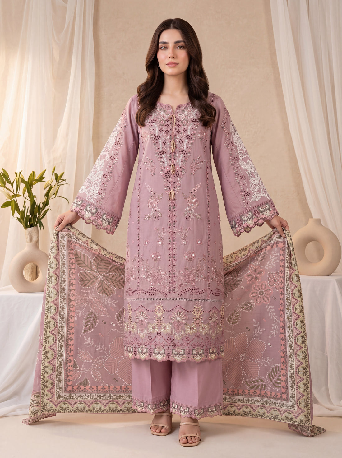 Mehtab – Mauve Embroidered 3-Piece Cotton Lawn Suit by ANAWA