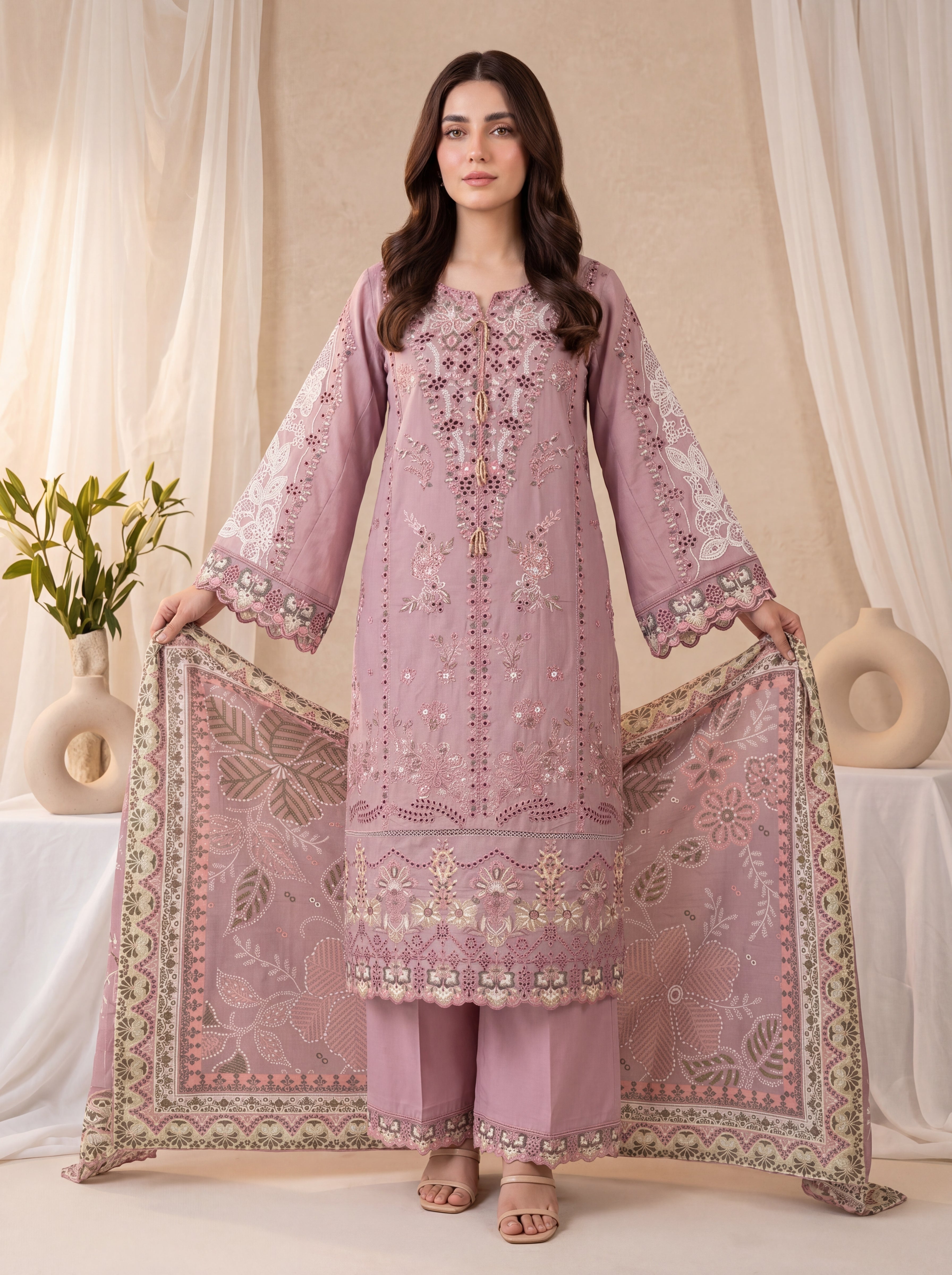 Mehtab – Mauve Embroidered 3-Piece Cotton Lawn Suit by ANAWA