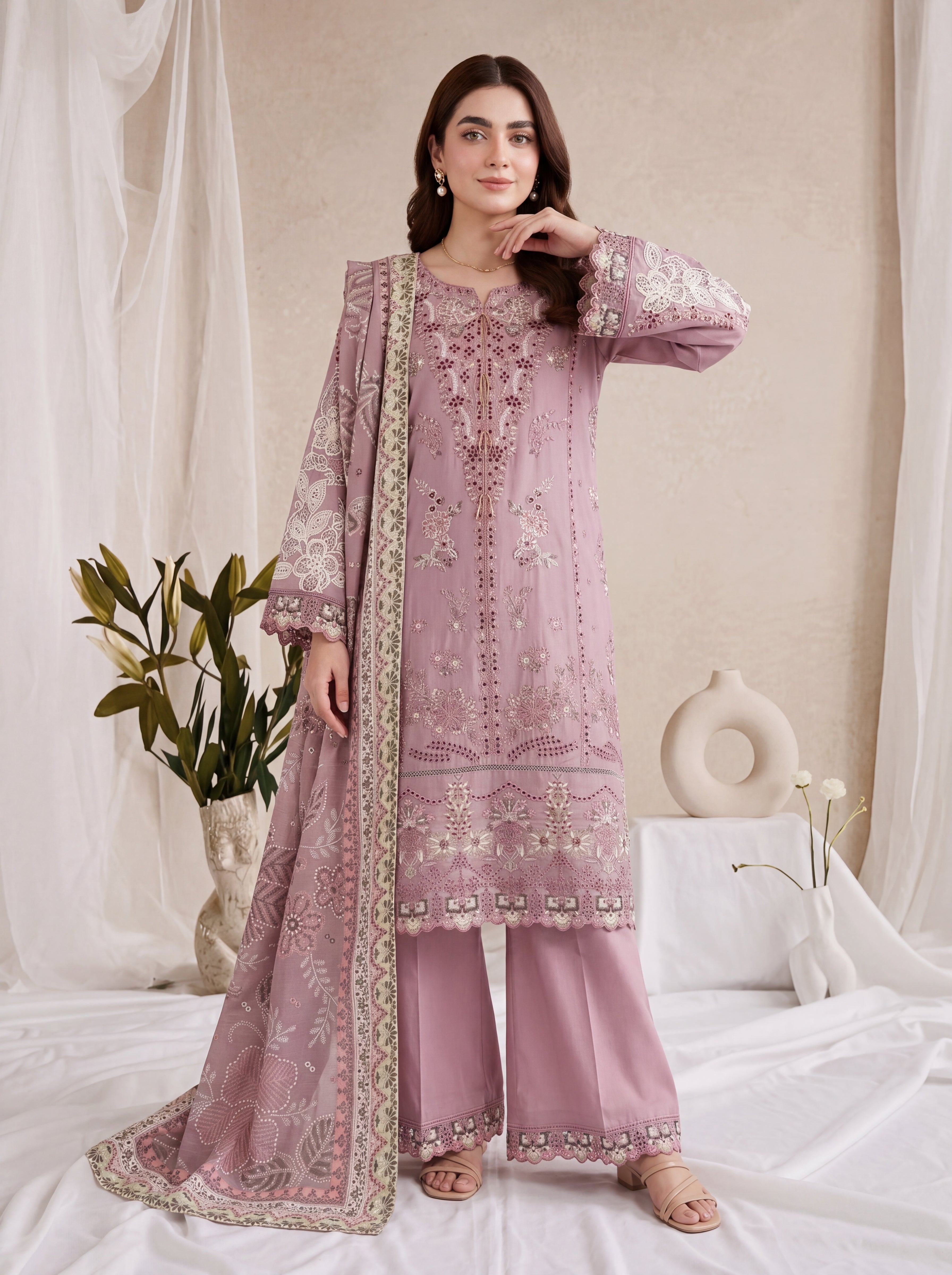 Mehtab – Mauve Embroidered 3-Piece Cotton Lawn Suit by ANAWA