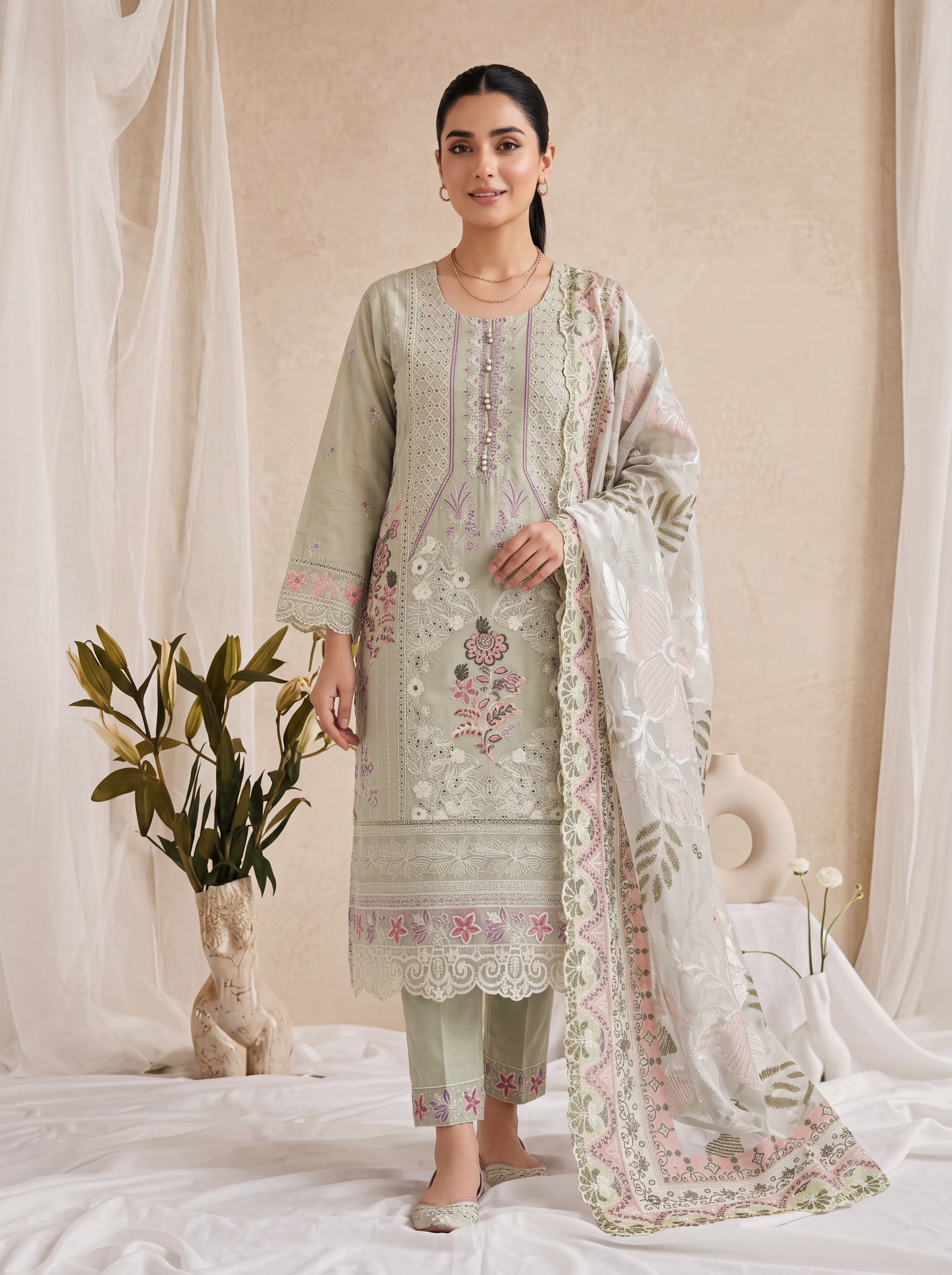 Nooréen - Embroidered Luxury Lawn 3 Piece Suit with Printed Chiffon Dupatta – Pastel Sage by ANAWA&nbsp;