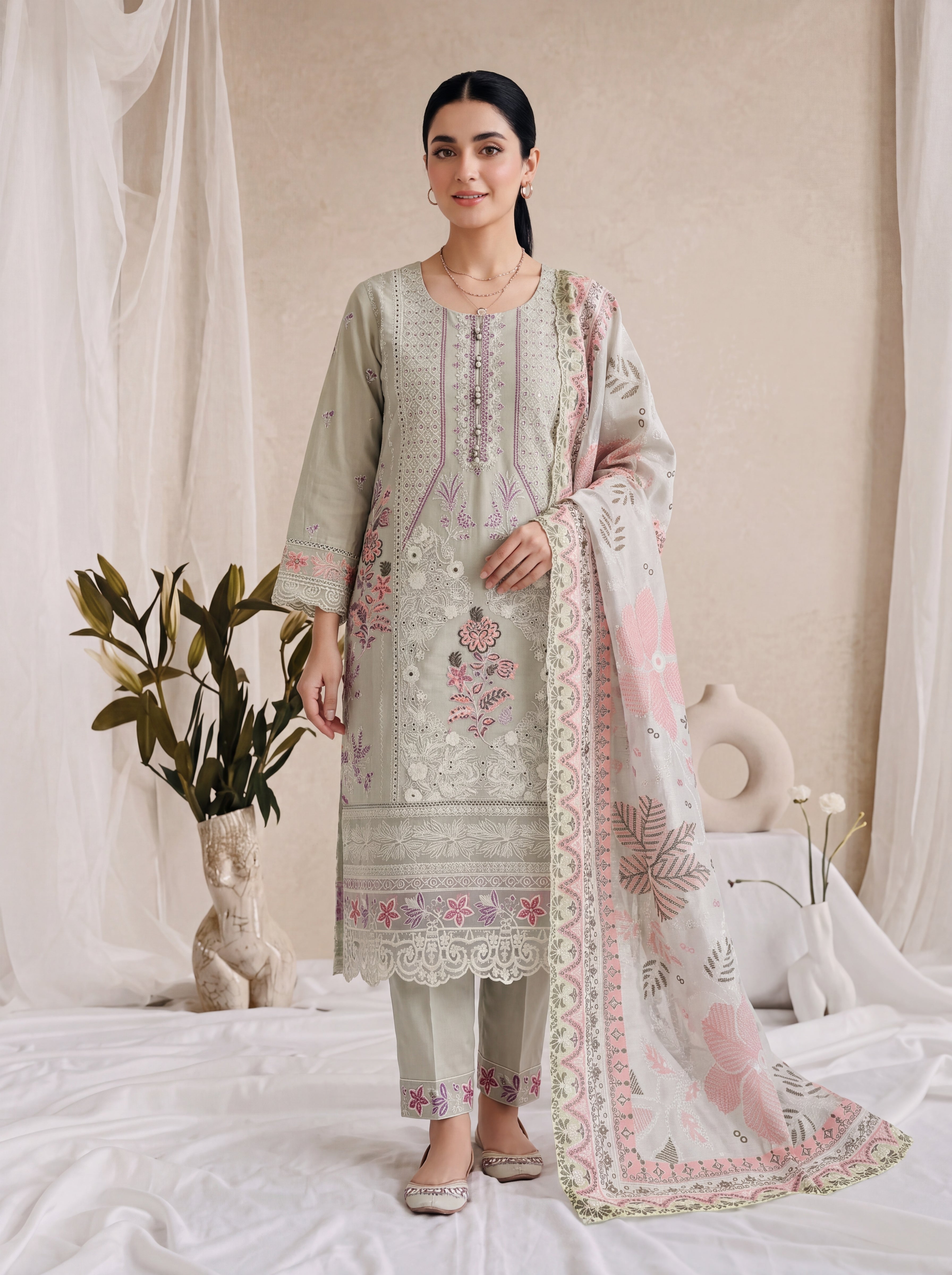 Nooréen - Embroidered Luxury Lawn 3 Piece Suit with Printed Chiffon Dupatta – Pastel Sage by ANAWA&nbsp;