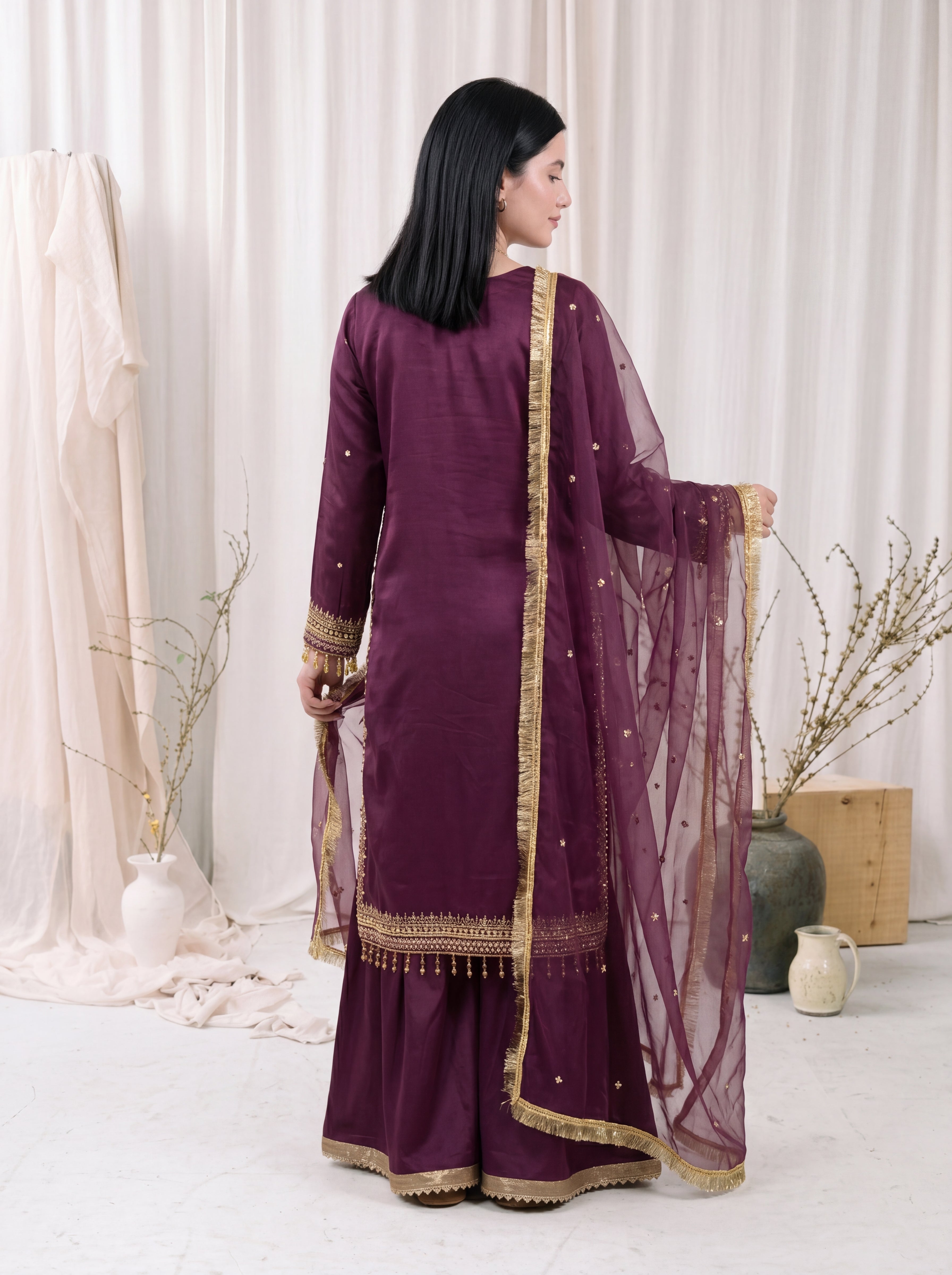 Mahveen – Plum Purple Silk Embroidered 3 Piece Suit with Organza Dupatta by ANAWA