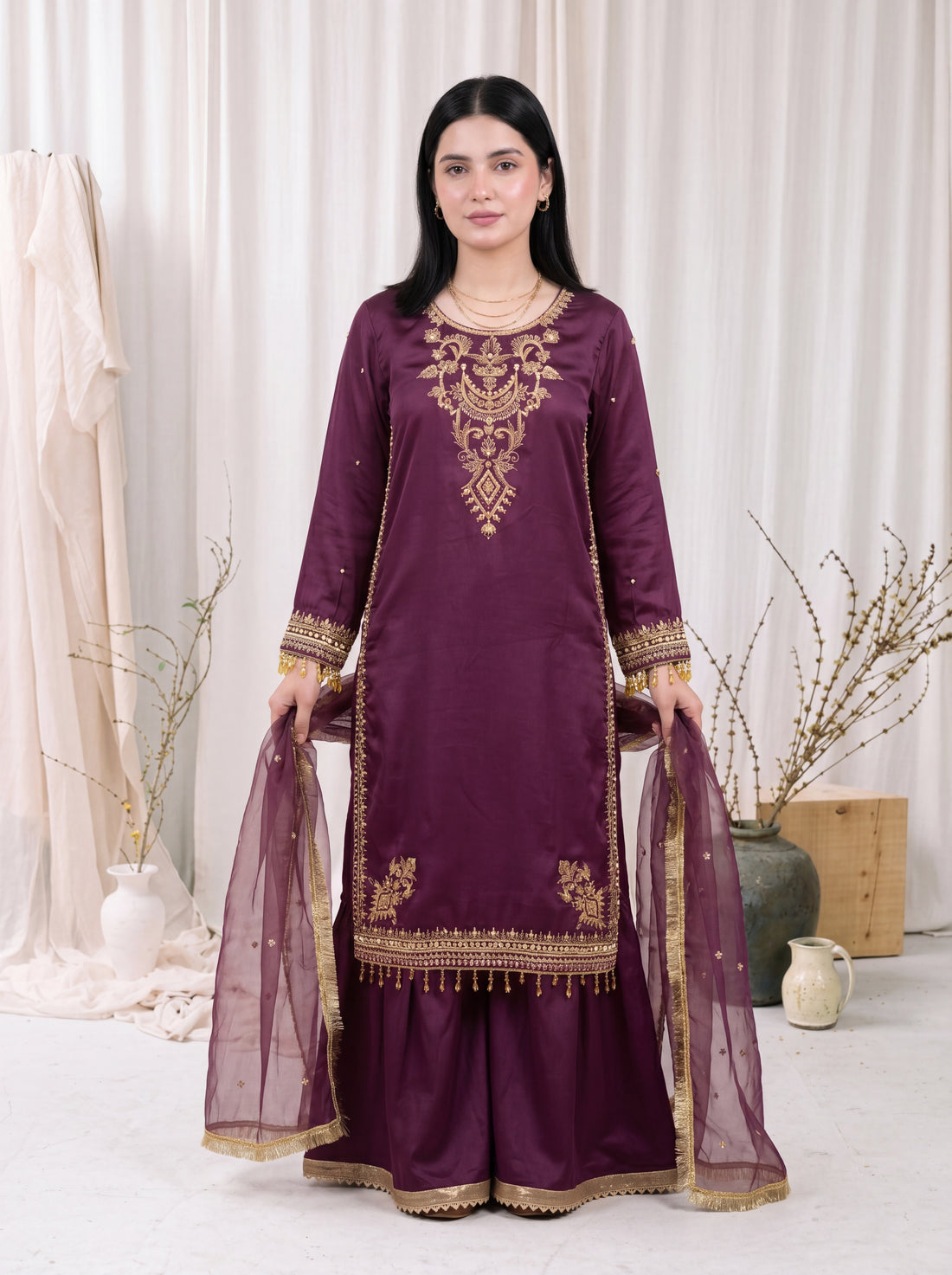 Mahveen – Plum Purple Silk Embroidered 3 Piece Suit with Organza Dupatta by ANAWA
