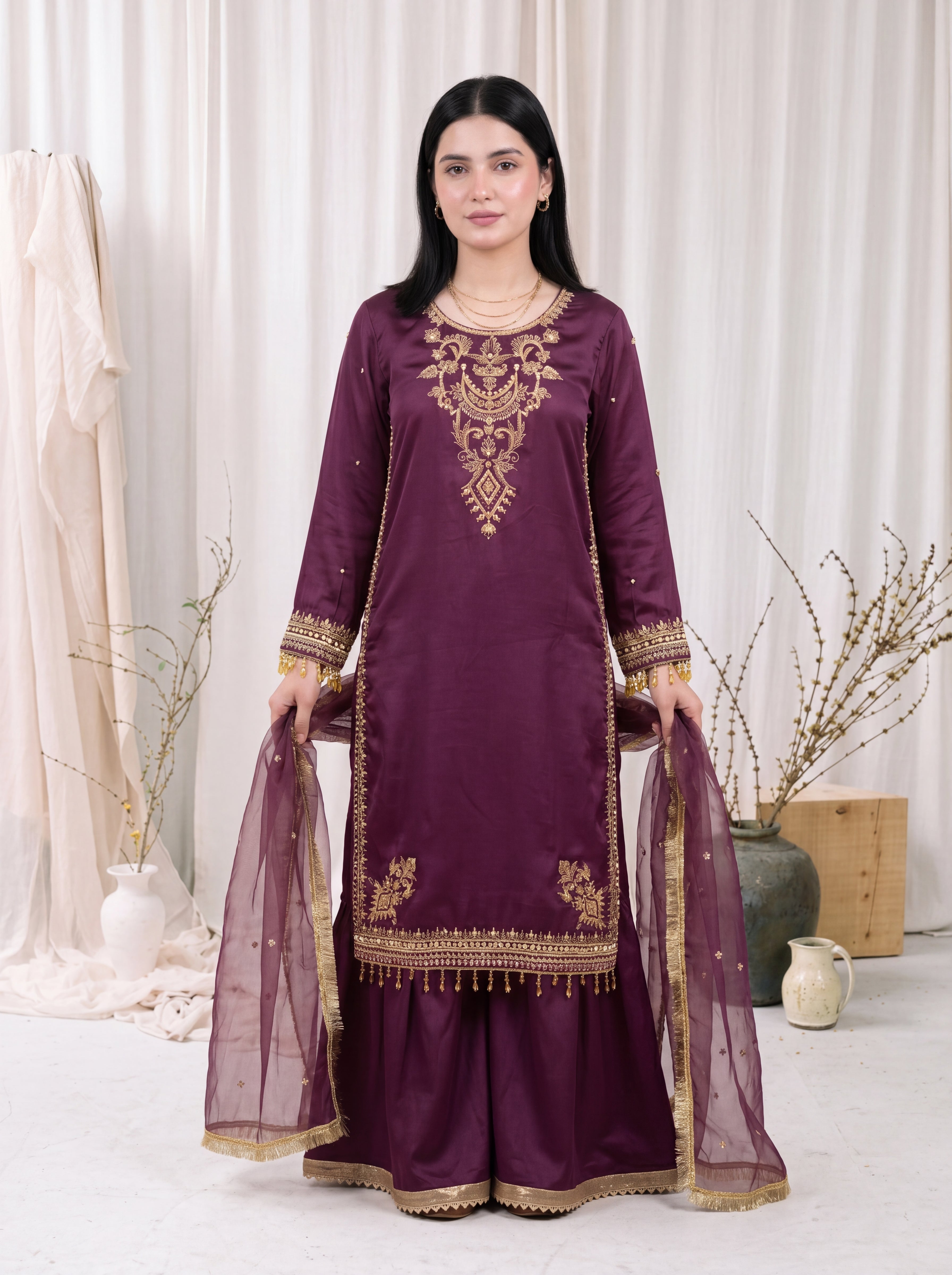 Mahveen – Plum Purple Silk Embroidered 3 Piece Suit with Organza Dupatta by ANAWA
