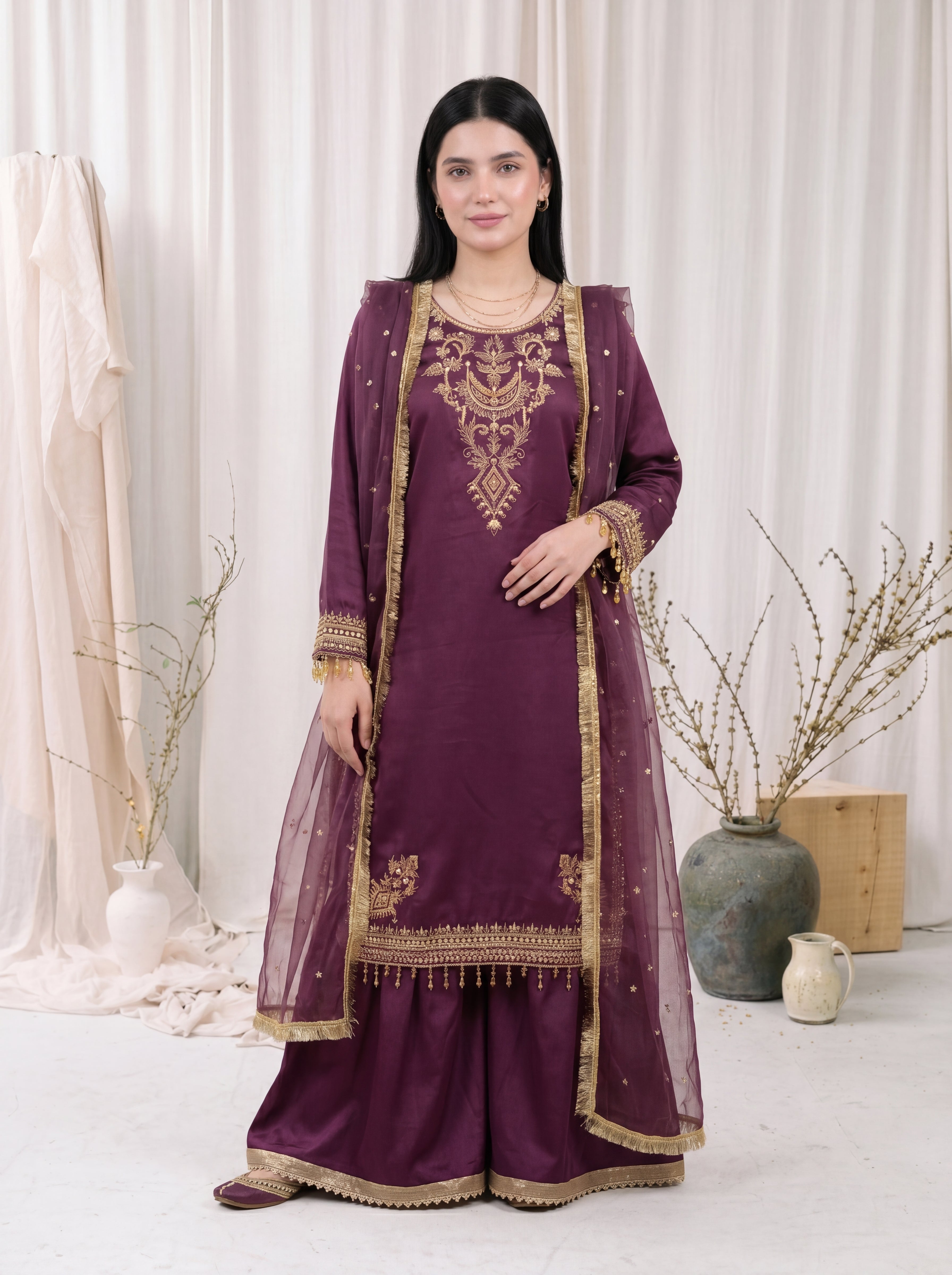 Mahveen – Plum Purple Silk Embroidered 3 Piece Suit with Organza Dupatta by ANAWA