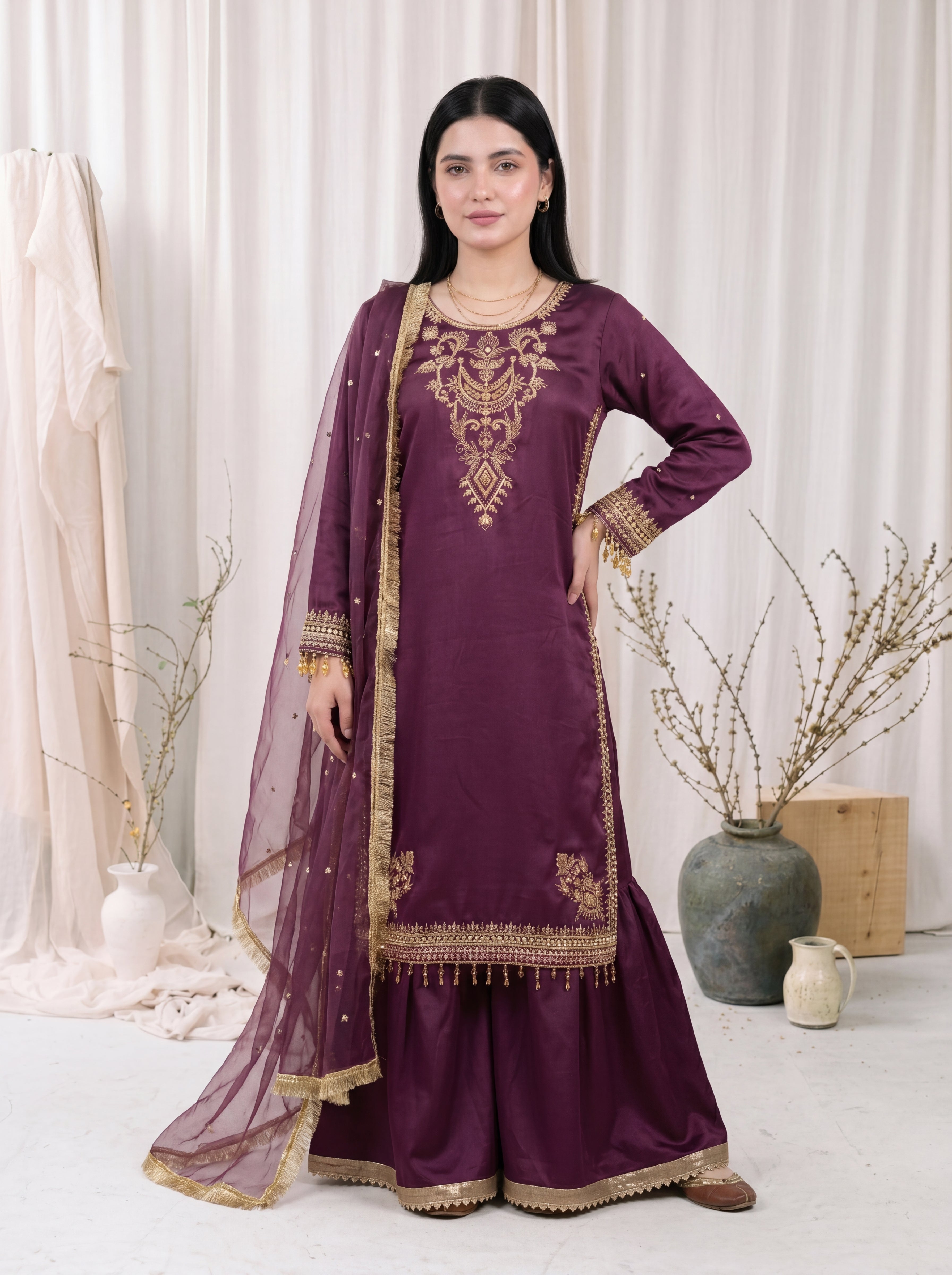 Mahveen – Plum Purple Silk Embroidered 3 Piece Suit with Organza Dupatta by ANAWA