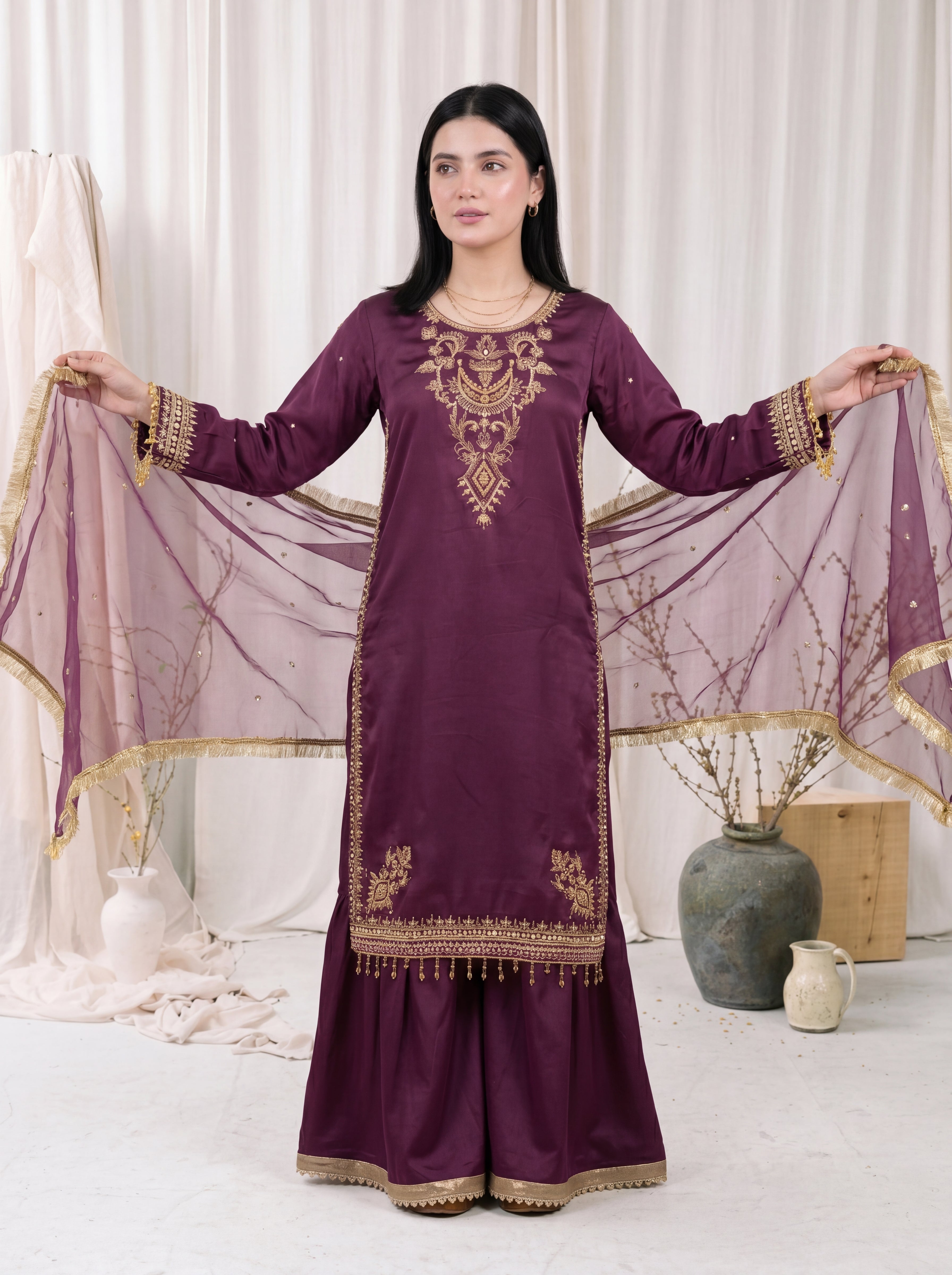 Mahveen – Plum Purple Silk Embroidered 3 Piece Suit with Organza Dupatta by ANAWA