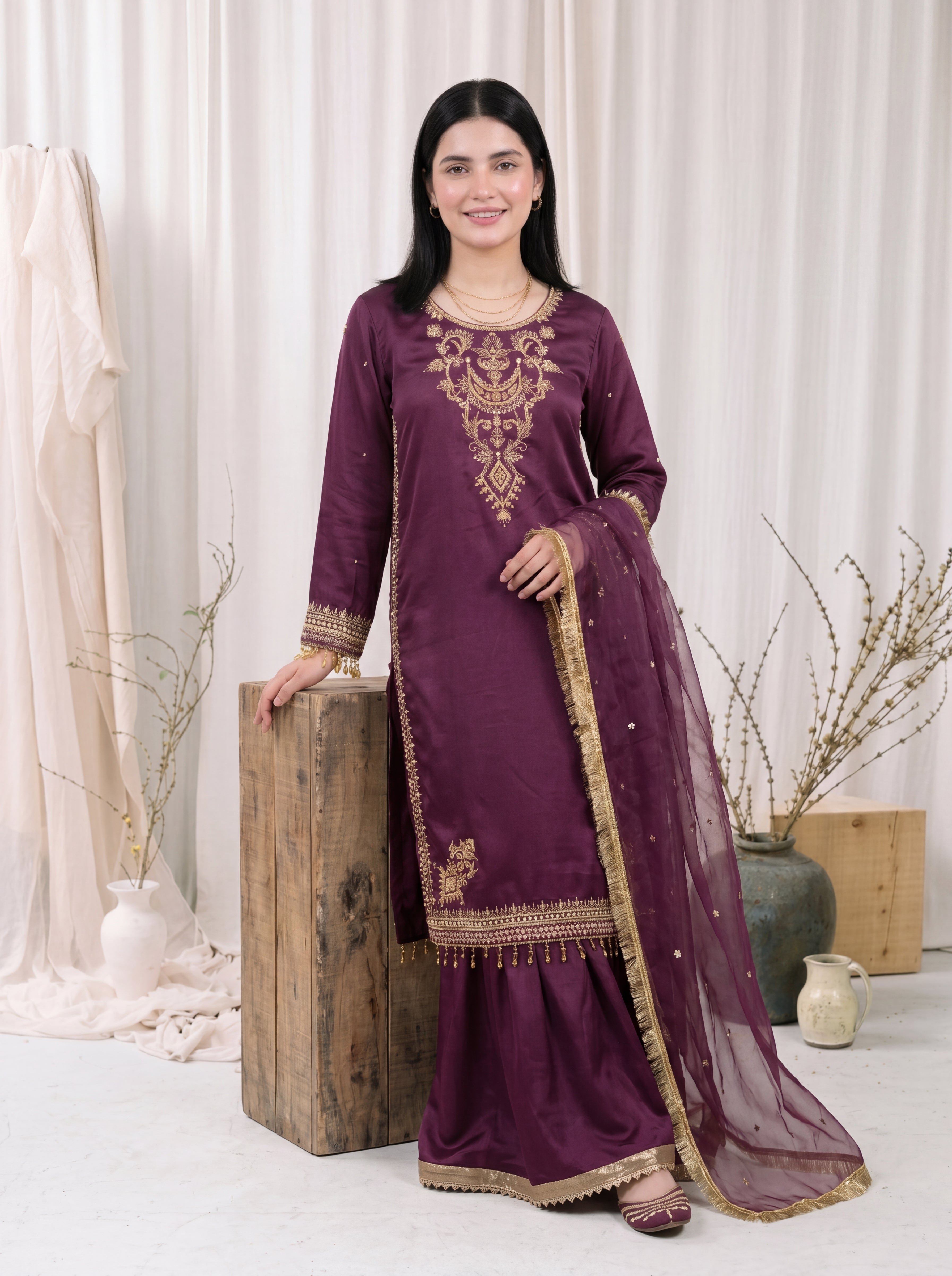Mahveen – Plum Purple Silk Embroidered 3 Piece Suit with Organza Dupatta by ANAWA