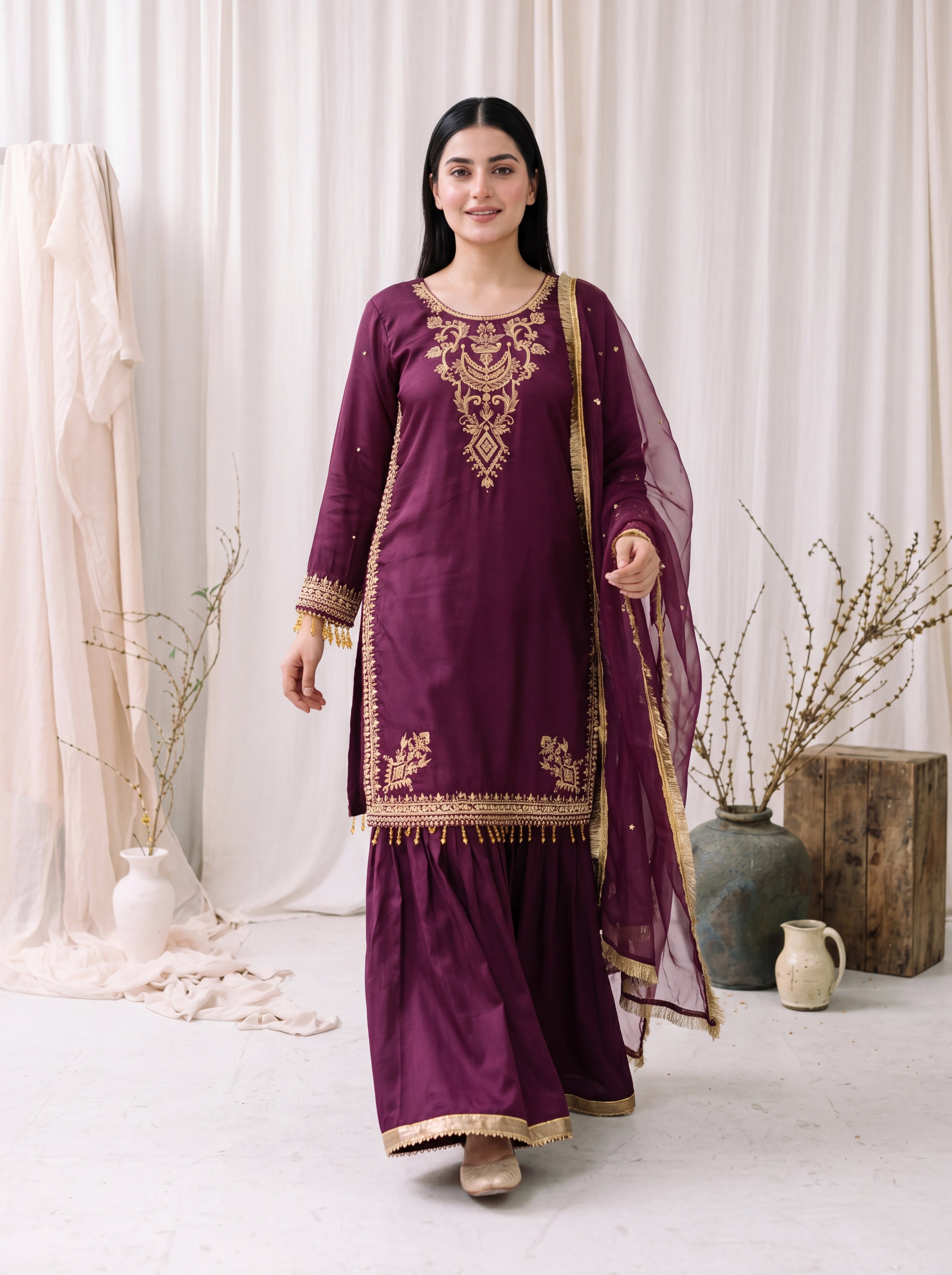 Mahveen – Plum Purple Silk Embroidered 3 Piece Suit with Organza Dupatta by ANAWA